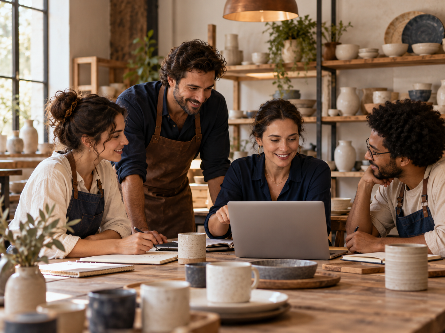 Equipe de uma pequena empresa reunida em torno de um notebook